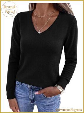 Womens V Neck Long Sleeve Ribbed Knit Pullover Sweater Dressy Casual Top